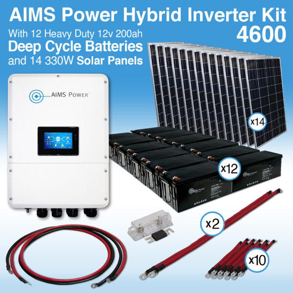 AIMS Power Hybrid Inverter Charger, Battery Bank & Solar Panels Kit 4.6 kW Inverter Output | 200 Amp Stored Battery Power | 4620 Watt Solar